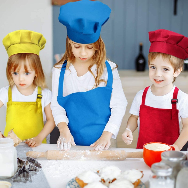 Tamicy 10 Pieces Kids Chef Hat and Apron Set - Child Kitchen Bib Aprons with Pockets Girls Boys Chef Hats for Cooking Baking Gardening Painting Wear (Black White Wine Red Yellow Red) - Image 4